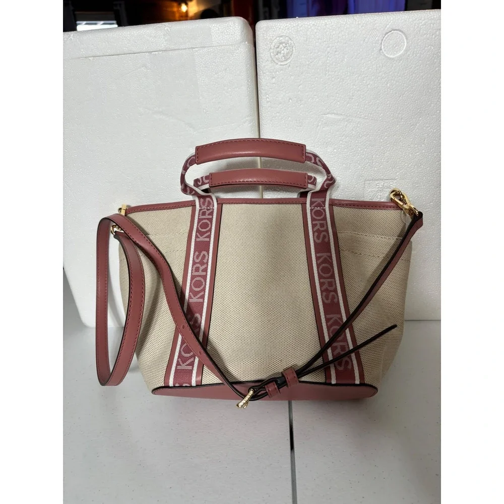 Michael Kors Tote Bag‎ Canvas Leather Trim Logo Straps Pink Gold NEW